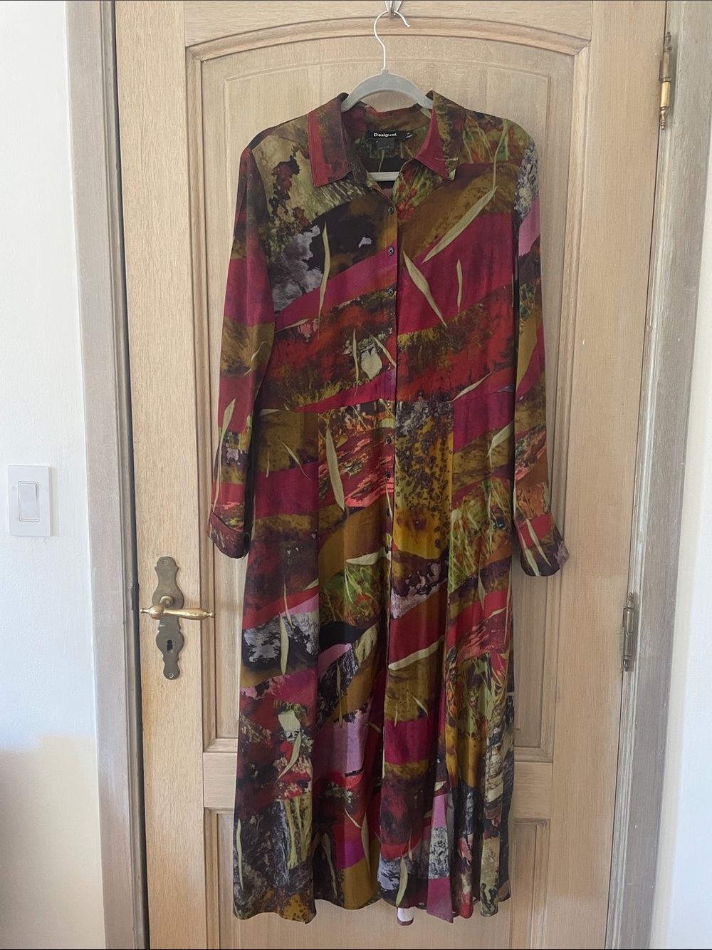 Desigual Long-Sleeve Button-Front Dress in Burgundy, Olive & Mustard